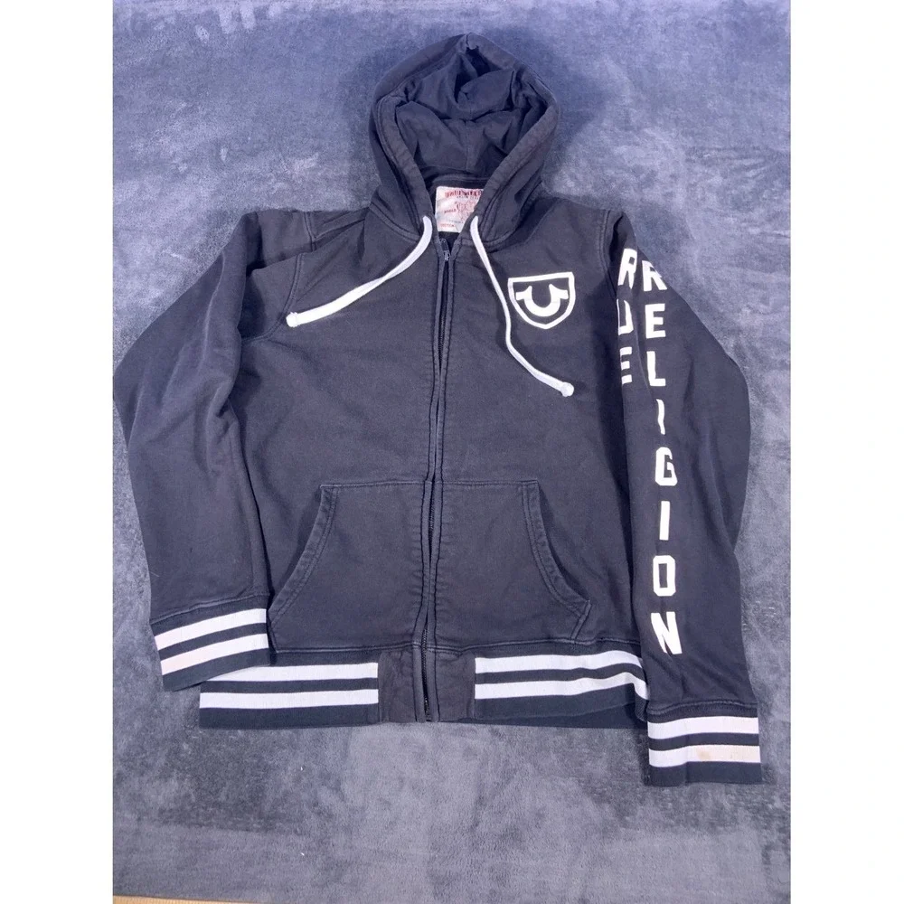 Vintage‎ True Religion Black Zip-Up Hoodie Double Sized SZ L Mens